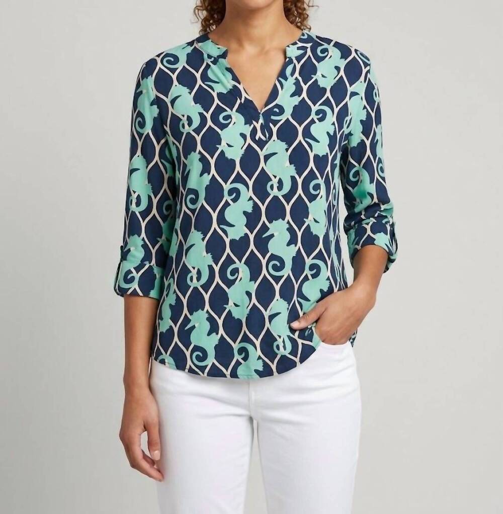 NEW ESCAPADA zoe seahorse blouse in navy, white, turquoise